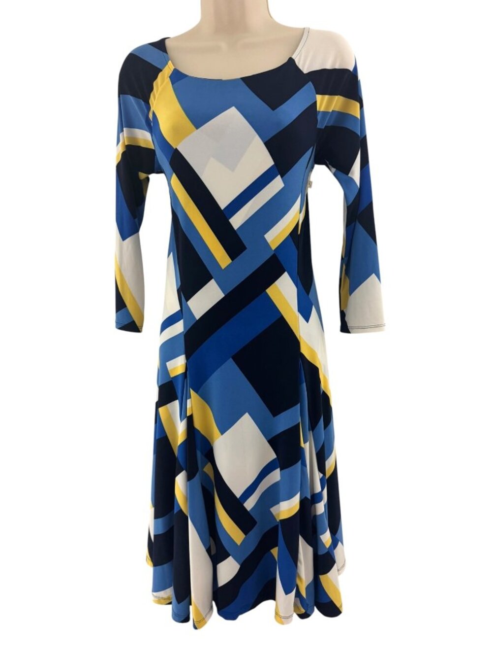 Ralph Lauren Blue Yellow Abstract Geometric Print‎ Jersey Fit+Flare Dress Size M